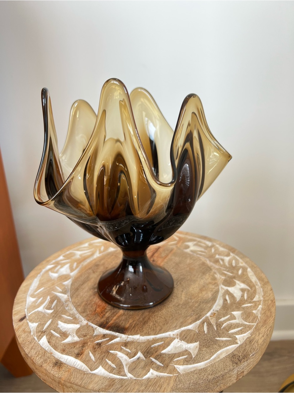 Vintage Viking 6 Petal Handkerchief Amber Glass Decorative Pedestal Bowl